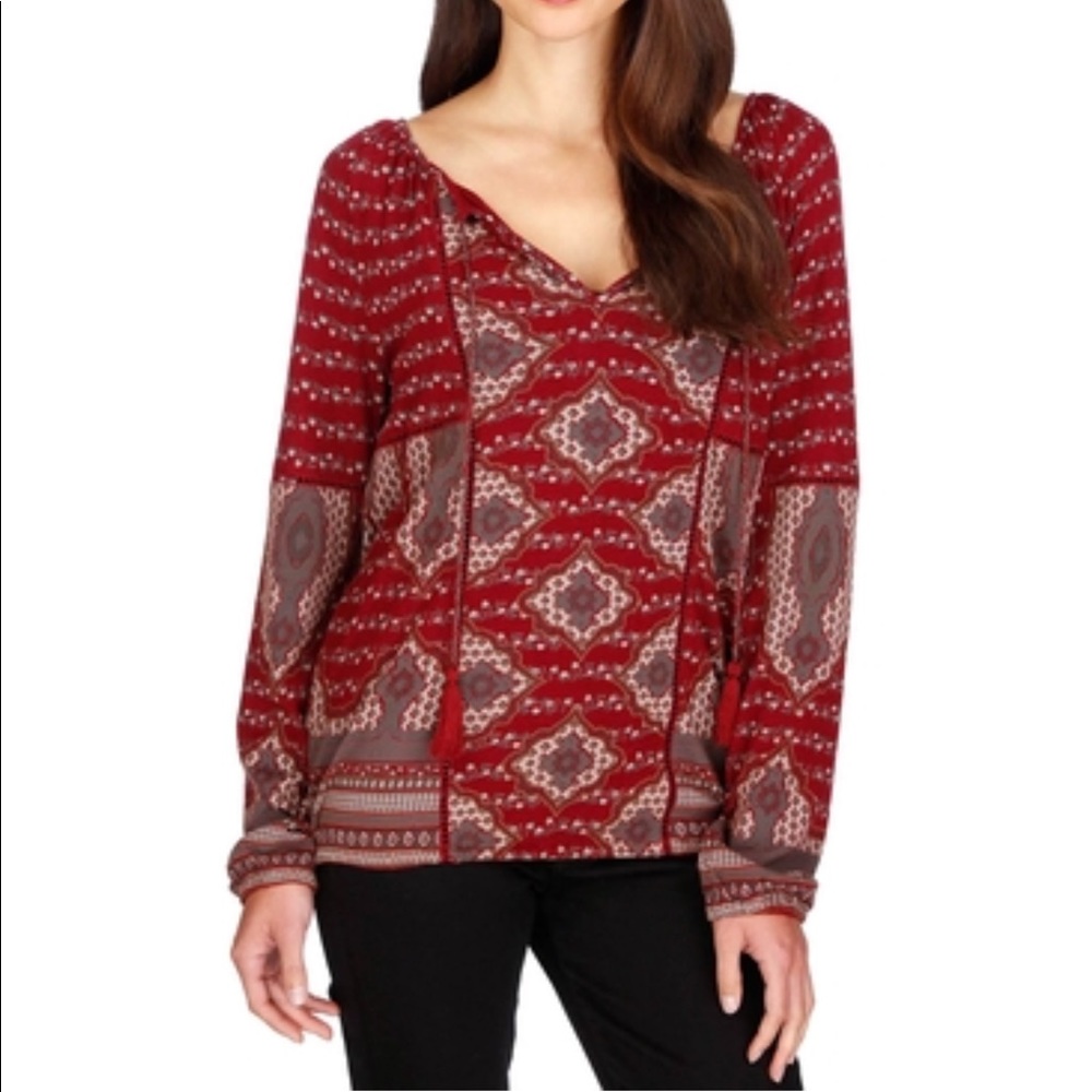 Lucky Brand Red Placed Print Long Sleeve Blouse